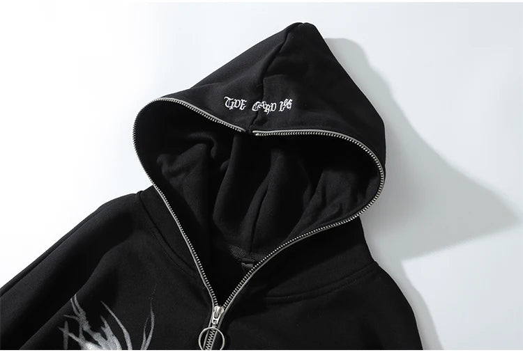 Aolamegs Punk Graphic Print Zipper Ribbon Hooded Hoodie Men Casual Bla