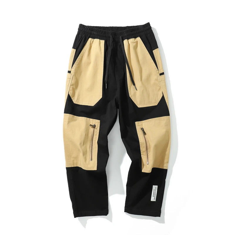 rainbowtouches men fashion retro casual splicing solid color straight cargo zipper pocket pants hip hop high street long trouser unique cargo style 3163