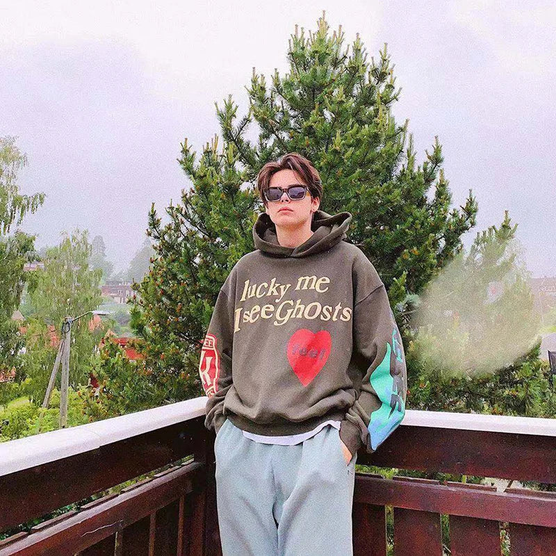 2021 Harajuku Weirdo Graffiti Letter Printed Hoodies Men Lucky Me I Se