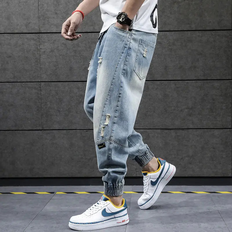 2023 new hip hop harem jeans pants men loose joggers denim casual sweatpants korea ankle length trousers streetwear male clothes sporty tapered joggers