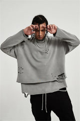 Hip Hop Streetwear Vintage Sweatshirt 2021 Autumn Creative Distressed Destroyed Ripped Holes Pullover Cotton Tops Loose WE301