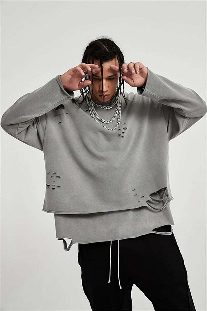 Hip Hop Streetwear Vintage Sweatshirt 2021 Autumn Creative Distressed Destroyed Ripped Holes Pullover Cotton Tops Loose WE301