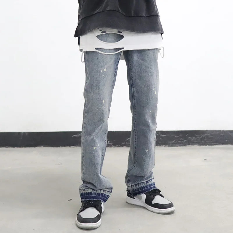 high street washed splash ink retro wide leg flared pants mens straight casual jeans for men harajuku loose denim trousers unique jeans style 4546