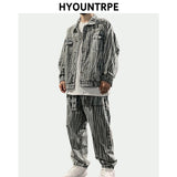 2 pieces sets mens fashion striped single breasted denim jeans jacket coat and zipper straight pants joggers new streetwear sets relaxed fit joggers