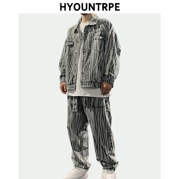 2 pieces sets mens fashion striped single breasted denim jeans jacket coat and zipper straight pants joggers new streetwear sets relaxed fit joggers