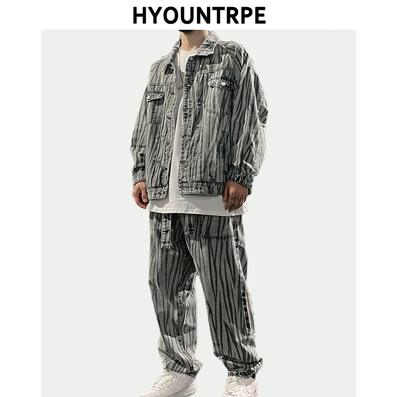 2 pieces sets mens fashion striped single breasted denim jeans jacket coat and zipper straight pants joggers new streetwear sets relaxed fit joggers