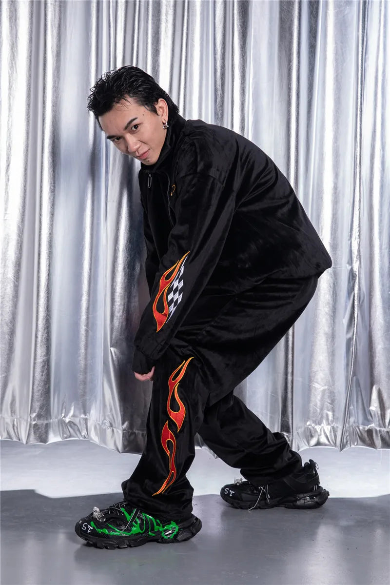 2 pieces set men embroidery velvet zipper jacket and elastic waist loose straight pants sweatsuit hip hop tracksuits sweatsuit menswear bottoms