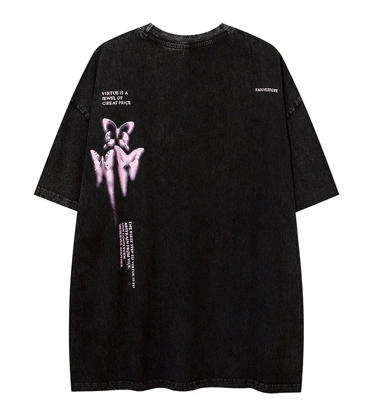 Sadcore Oversized shirt – Aolamegs Butterfly Inkjet Letter Print Washed T Shirt Men Sh