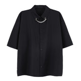 Men Fashion Punk Shirt  Hip Hop Black Harajuku Shirts with Chain Streetwear Summer Loose Short Sleeve Casual Tops Mens Shirts