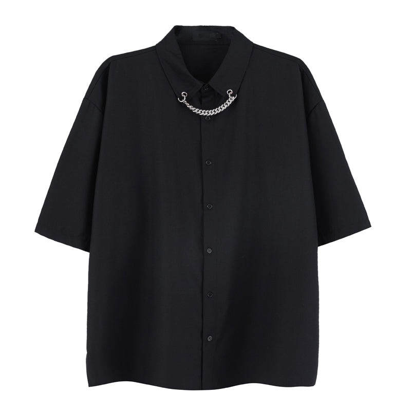 Men Fashion Punk Shirt  Hip Hop Black Harajuku Shirts with Chain Streetwear Summer Loose Short Sleeve Casual Tops Mens Shirts