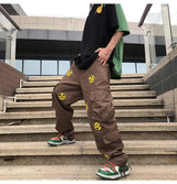 mens high street smilely loose cargo pants casual zipper straight jeans hip hop side pockets loose fit streetwear casual joggers unique joggers style 3481