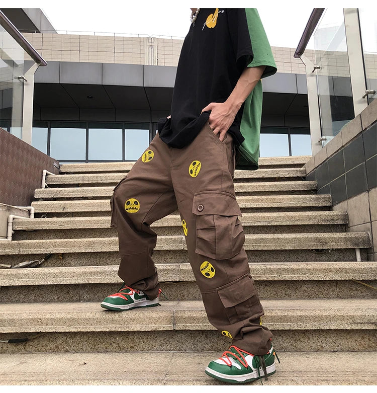 mens high street smilely loose cargo pants casual zipper straight jeans hip hop side pockets loose fit streetwear casual joggers unique joggers style 3481