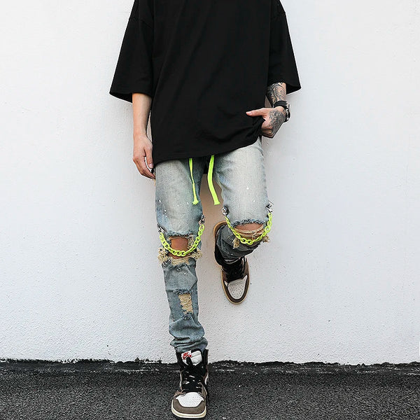 high street knee hole with chain ripped biker jeans mens slim fit denim pants autumn new streetwear casual hip hop pants joggers urban active pants