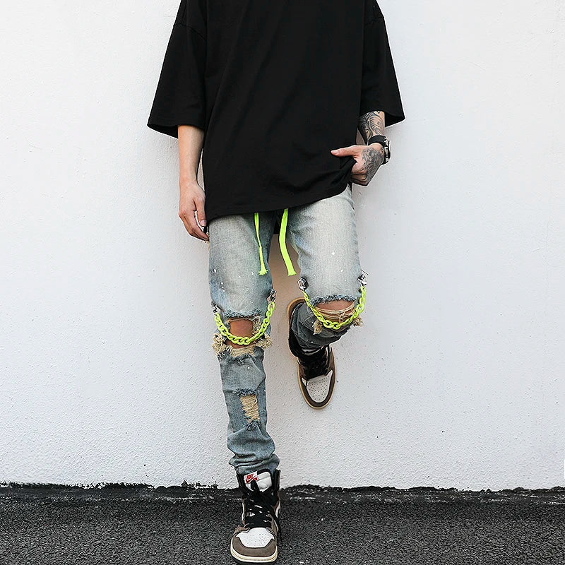 high street knee hole with chain ripped biker jeans mens slim fit denim pants autumn new streetwear casual hip hop pants joggers urban active pants