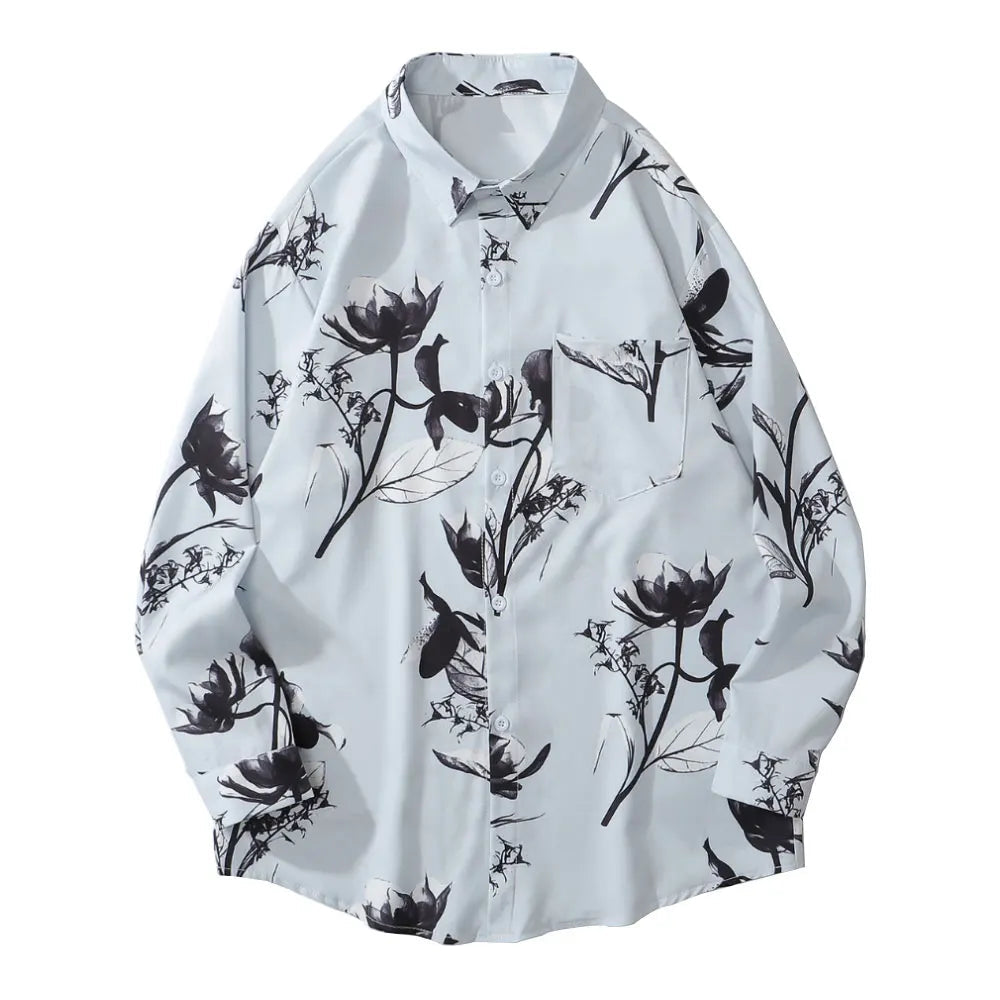 Y2K Street Button Up Shirt – Gonthwid Hawaiian Beach Shirts Graffiti Flowers Print Long Sleeve Button Shirts Hip Hop Casual Harajuku Holiday Party Blouse | Button Shirt Drop #211