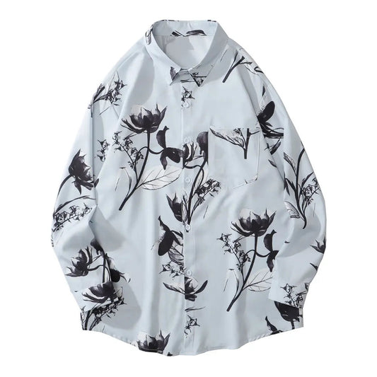 Y2K Street Button Up Shirt – Gonthwid Hawaiian Beach Shirts Graffiti Flowers Print Long Sleeve Button Shirts Hip Hop Casual Harajuku Holiday Party Blouse | Button Shirt Drop #211