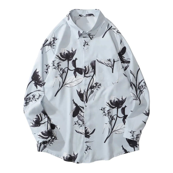 Y2K Street Button Up Shirt – Gonthwid Hawaiian Beach Shirts Graffiti Flowers Print Long Sleeve Button Shirts Hip Hop Casual Harajuku Holiday Party Blouse | Button Shirt Drop #211