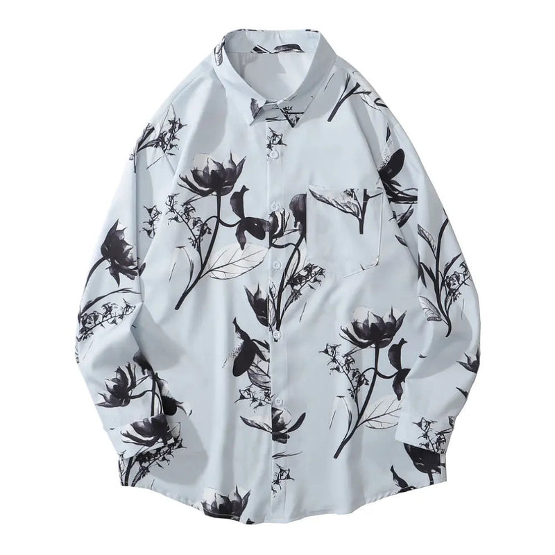 Y2K Street Button Up Shirt – Gonthwid Hawaiian Beach Shirts Graffiti Flowers Print Long Sleeve Button Shirts Hip Hop Casual Harajuku Holiday Party Blouse | Button Shirt Drop #211
