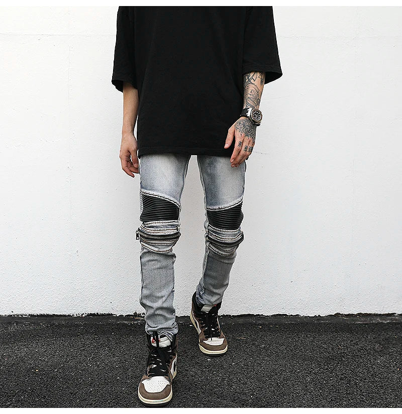 high street pu leather zippers patchwork biker jeans mens stretch denim slim jean pants motorcycle slim trousers hip hop pants unique jeans style 2303