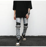 high street pu leather zippers patchwork biker jeans mens stretch denim slim jean pants motorcycle slim trousers hip hop pants unique jeans style 2303