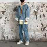 2 pieces sets men fashion patchwork single breast denim jeans hooded jacket coat and loose straight pants joggers streetwear set unique joggers style 4037