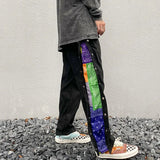 mens side buttons patchwork harajuku straight pants casual elastic waist fake suede trousers hip hop streetwear casual joggers streetwear sweatpants