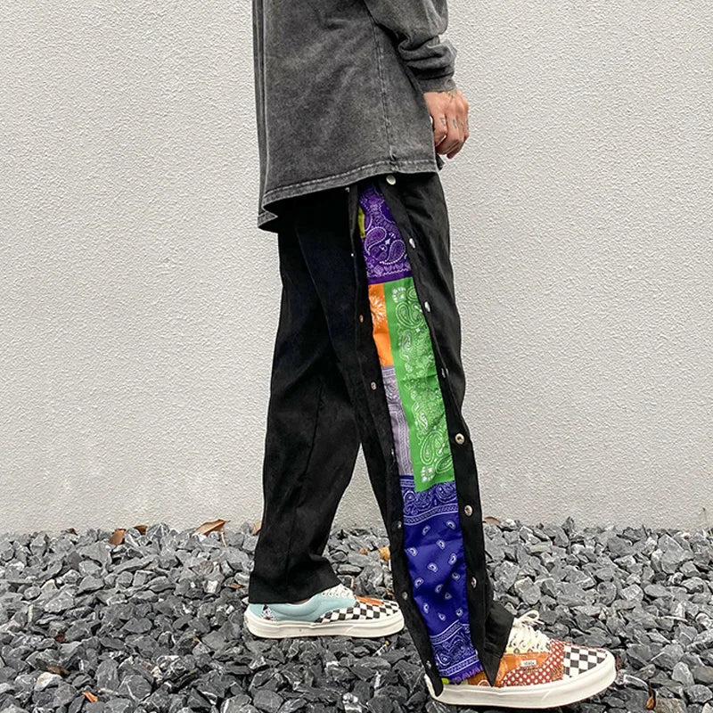mens side buttons patchwork harajuku straight pants casual elastic waist fake suede trousers hip hop streetwear casual joggers streetwear sweatpants