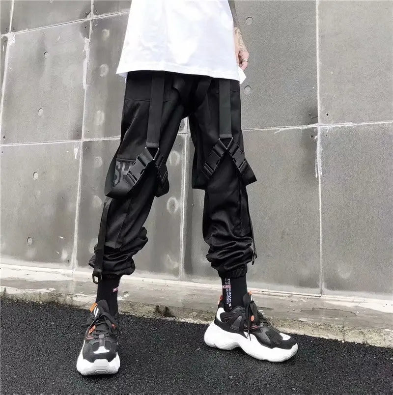 men hip hop black cargo pants joggers sweatpants overalls men ribbons streetwear harem pants women fashions trousers unique joggers style 2715