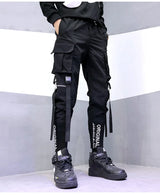 hip hop men ribbons cargo pants fashion harajuku 2023 new elastic waist casual streetwear mens joggers trousers black unique joggers style 3658