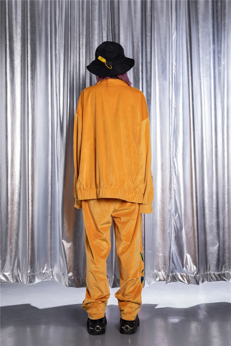 2 pieces set men embroidery velvet zipper jacket and elastic waist loose straight pants sweatsuit hip hop tracksuits sweatsuit unique default style 4315