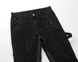 high street retro spotted ink contrast color flared jeans pants male wide leg plus size patchwork ripped denim trousers unique jeans style 114