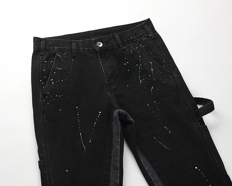 high street retro spotted ink contrast color flared jeans pants male wide leg plus size patchwork ripped denim trousers unique jeans style 114