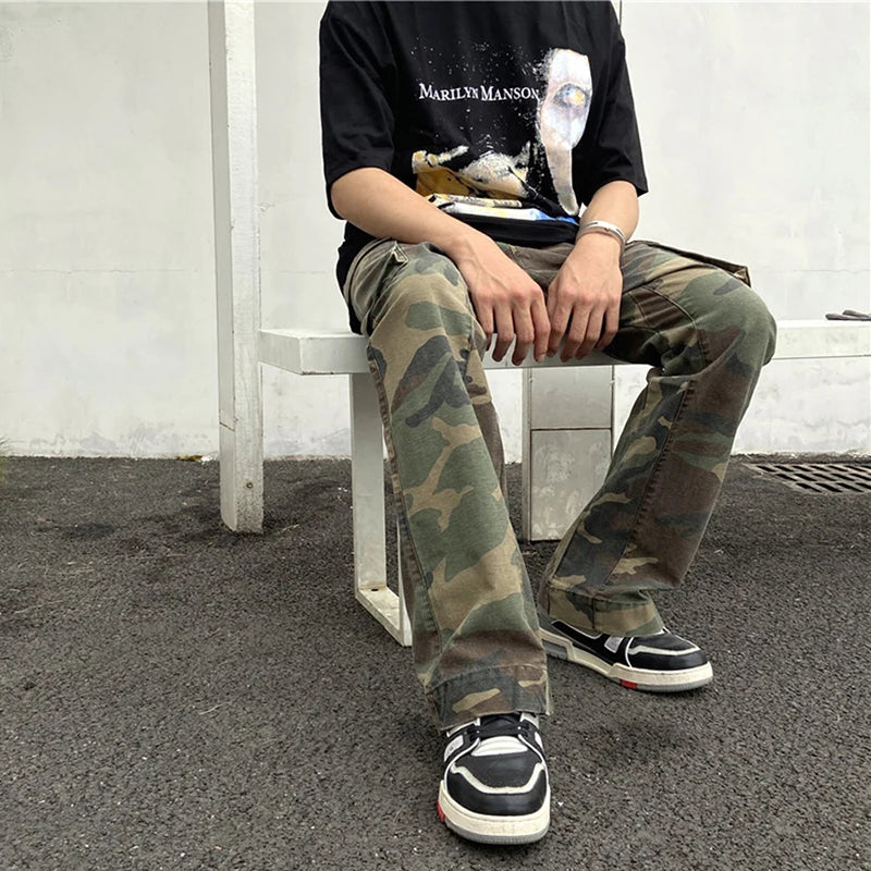streetwear mens hip hop camouflage flare pants fashionable camo cargo pants male slim fit camouflage trousers women all match unique cargo style 5127