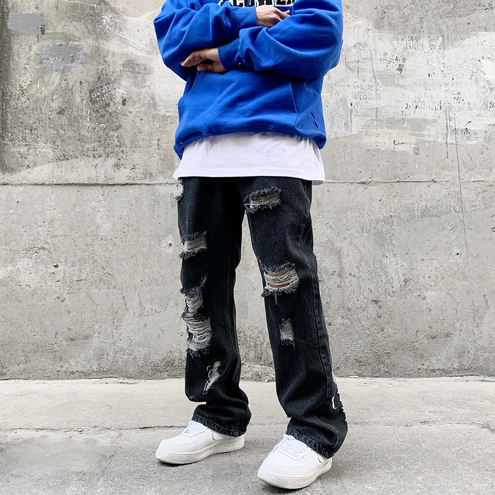 fashion back letters embroidery denim flare jeans mens zipper straight trouser hip hop destroy holes streetwear pants joggers unique joggers style 130