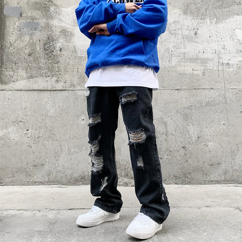 fashion back letters embroidery denim flare jeans mens zipper straight trouser hip hop destroy holes streetwear pants joggers unique joggers style 130