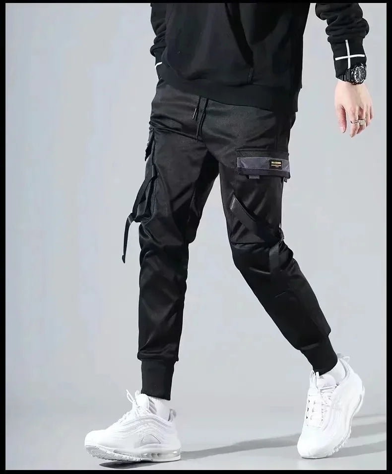 ribbons harem joggers men cargo pants streetwear 2023 hip hop casual pockets track pants male harajuku fashion trousers unique joggers style 2854