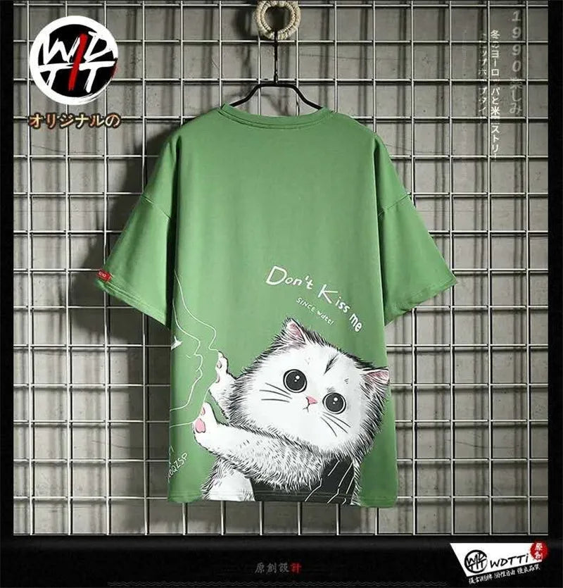 Y2K Graphic Tee – Black Kawaii Cat T Shirt Men Japanese Cute T Shirt – Urban Streetwear for Men & Women