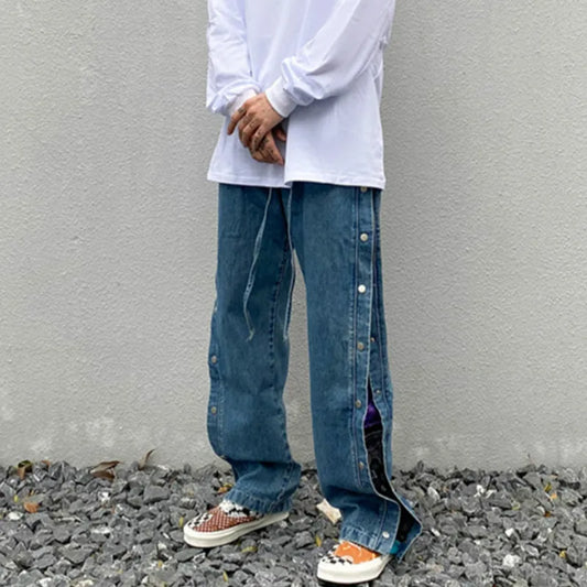 men side buttons patchwork harajuku straight denim jean pants casual elastic waist jeans trousers hip hop new streetwear joggers urban active pants