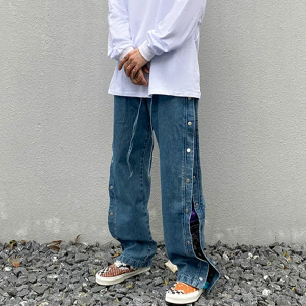 men side buttons patchwork harajuku straight denim jean pants casual elastic waist jeans trousers hip hop new streetwear joggers urban active pants