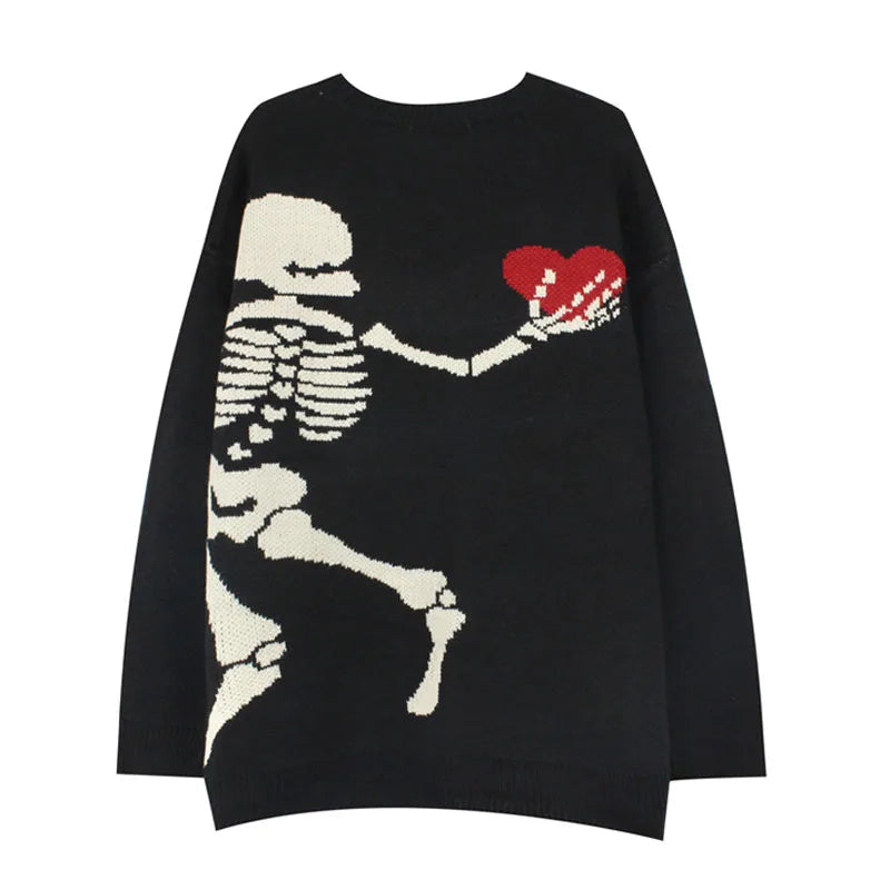 hip hop skull knitted oversized sweater men autumn winter o neck long sleeve pullover streetwear loose sweaters mens clothing oversized graphic print design, trendy hip hop style outerwear, Y2K vintage urban hoodie