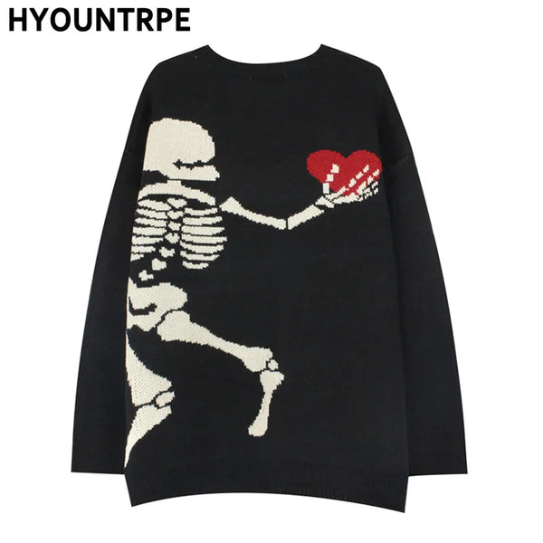 hip hop skull knitted oversized sweater men autumn winter o neck long sleeve pullover streetwear loose sweaters mens clothing oversized graphic print design, trendy hip hop style outerwear, Y2K vintage urban hoodie