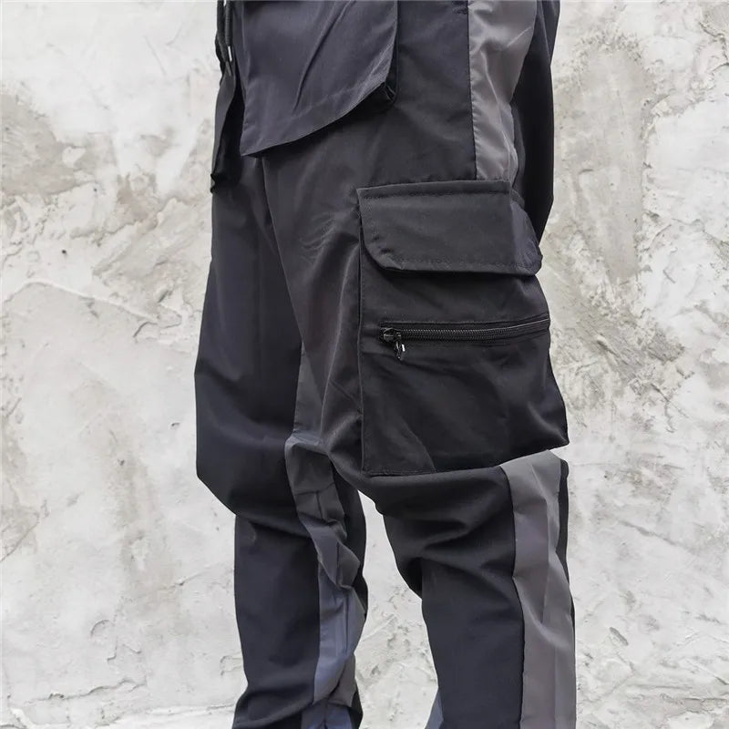 hip hop loose fit elastic waist pants cargo pockets spliced reflective lines ankle pants mens drewstring sportwear pants joggers unique joggers style 1971