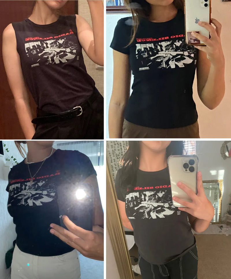 Sadcore Aesthetic print tee – Vintage Classic Rock Graphic T Shirt Women Summer Round Neck