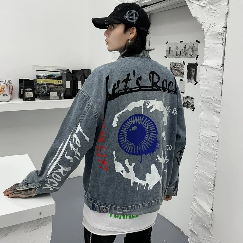 casual layering jacket featuring mens graffiti letter denim jackets fashion turn down collar long sleeve coats outerwear hip hop casual streetwear jeans jackets design – premium quality jacket for men