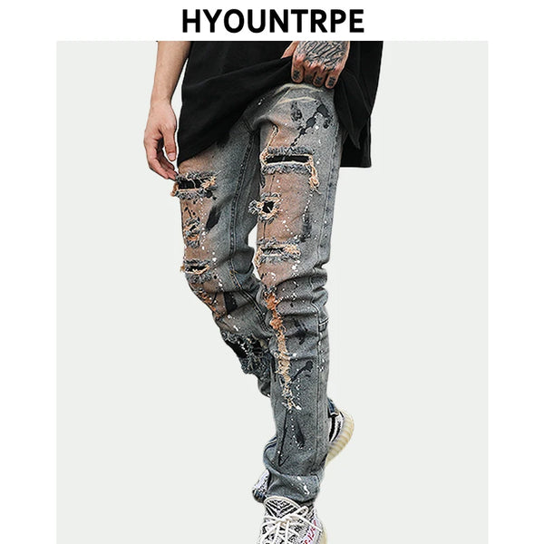 bottom zipper destroyed jeans skinny jeans ripped slim men biker jeans fashion graffiti printed streetwear hip hop pants joggers sporty tapered joggers