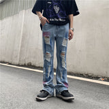 fashion back letters printed denim flare jeans mens zipper straight trouser hip hop destroy holes streetwear jean pants joggers unique joggers style 179