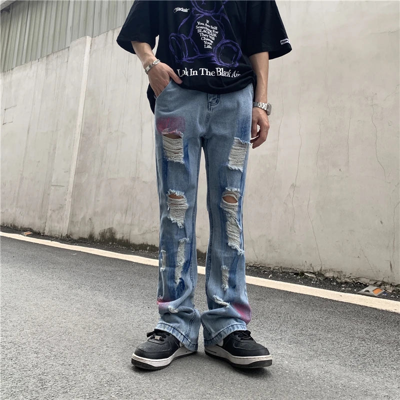 fashion back letters printed denim flare jeans mens zipper straight trouser hip hop destroy holes streetwear jean pants joggers sporty tapered joggers