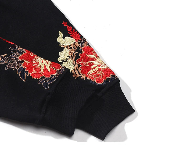 2023 Men Hip Hop Hoodie Sweatshirt Embroidered Floral Full Moon Rabbit Harajuku Streetwear Hoodie Pullover Cotton Autumn Hipster