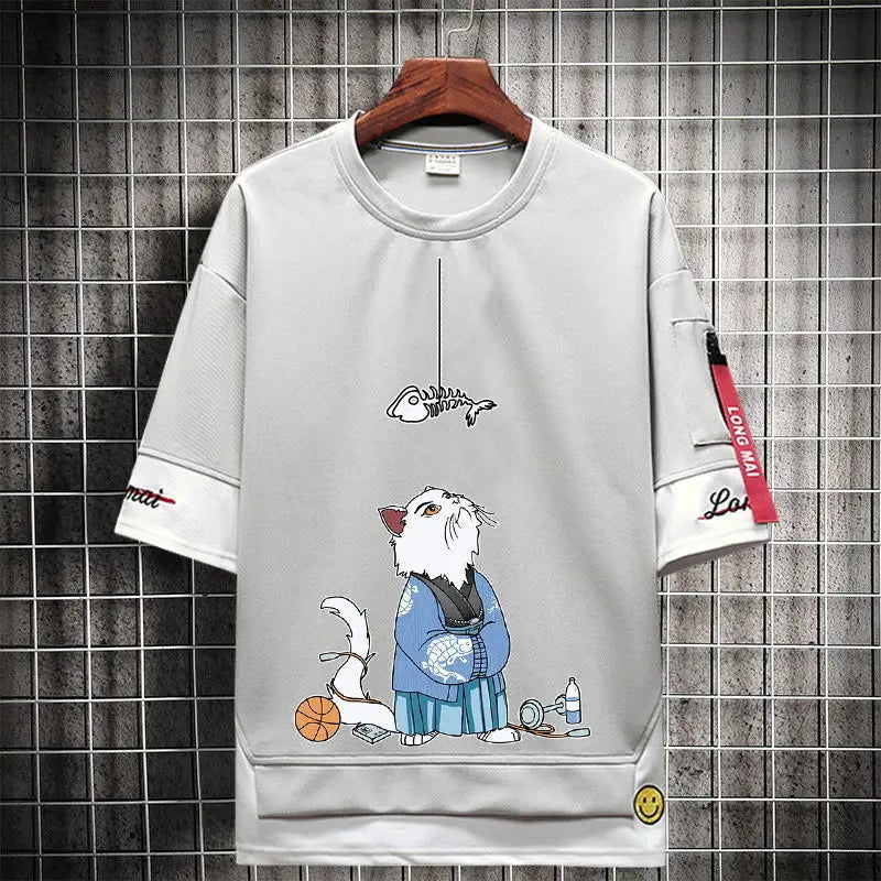 Anime Streetwear top – Hip Hop Kahaki T Shirt Short Sleeve Kawaii Harajuku Cat T Sh