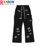 rainbowtouches fashion classic brand mens cargo pants print trousers loose straight high street style overalls black wide legs multi-pocket cargos